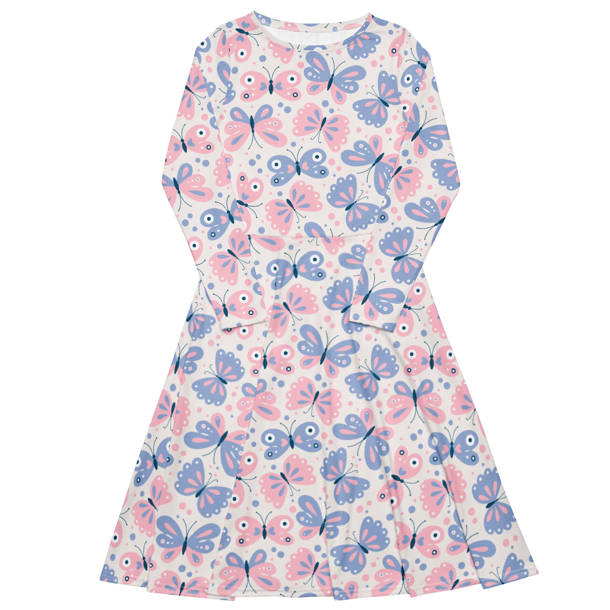 A girls long-sleeved midi dress with playful pink and blue butterfly pattern on white fabric with pockets
