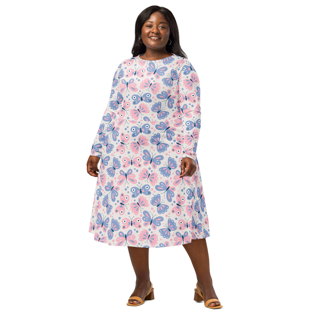 A plus-size woman wearing a women’s pink and purple butterflies long sleeve midi dress with pockets on white background