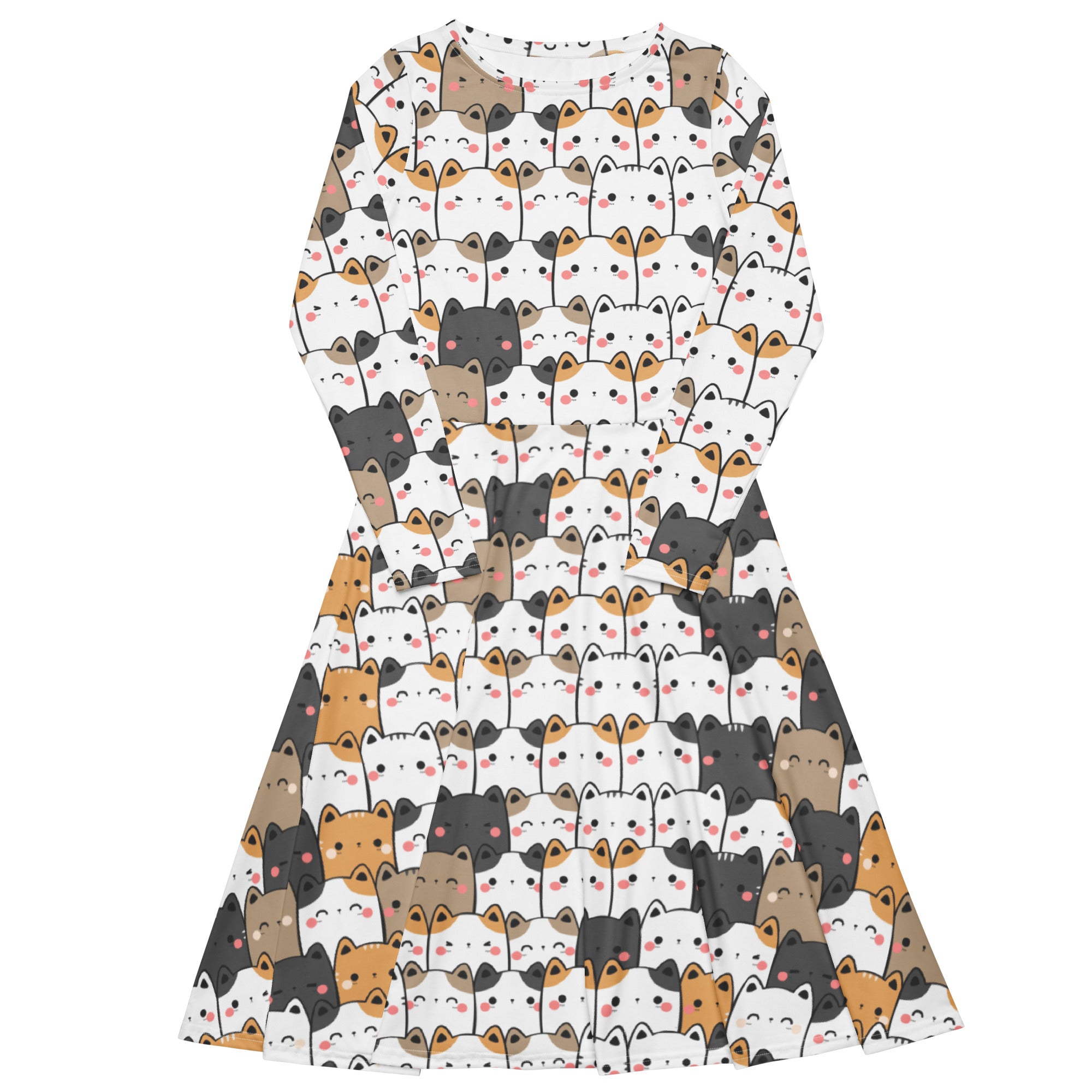 Women's Kawaii Cat Long Sleeve Midi Dress With Pockets
