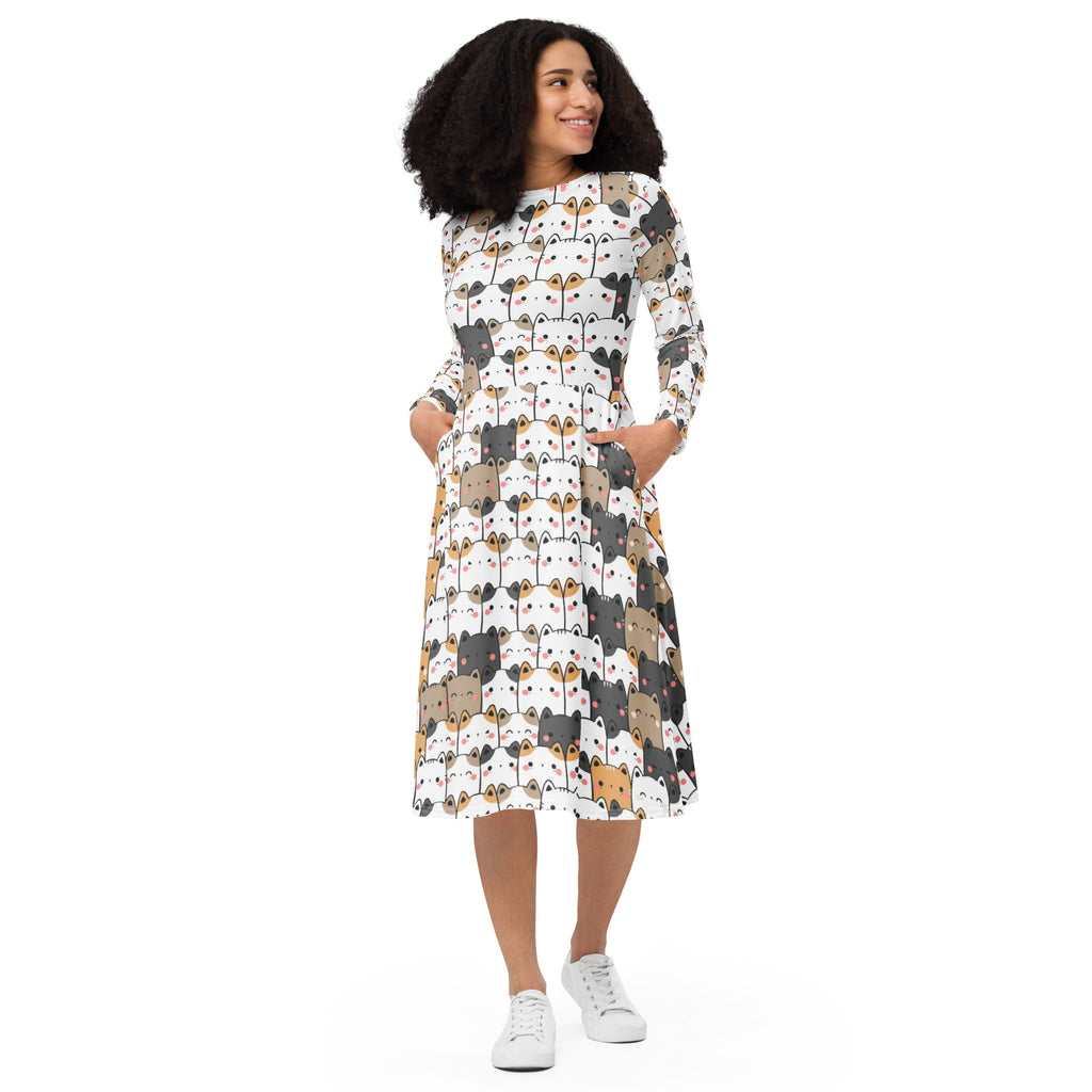 Women's Kawaii Cat Long Sleeve Midi Dress With Pockets