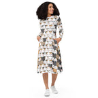 Women's Kawaii Cat Long Sleeve Midi Dress With Pockets