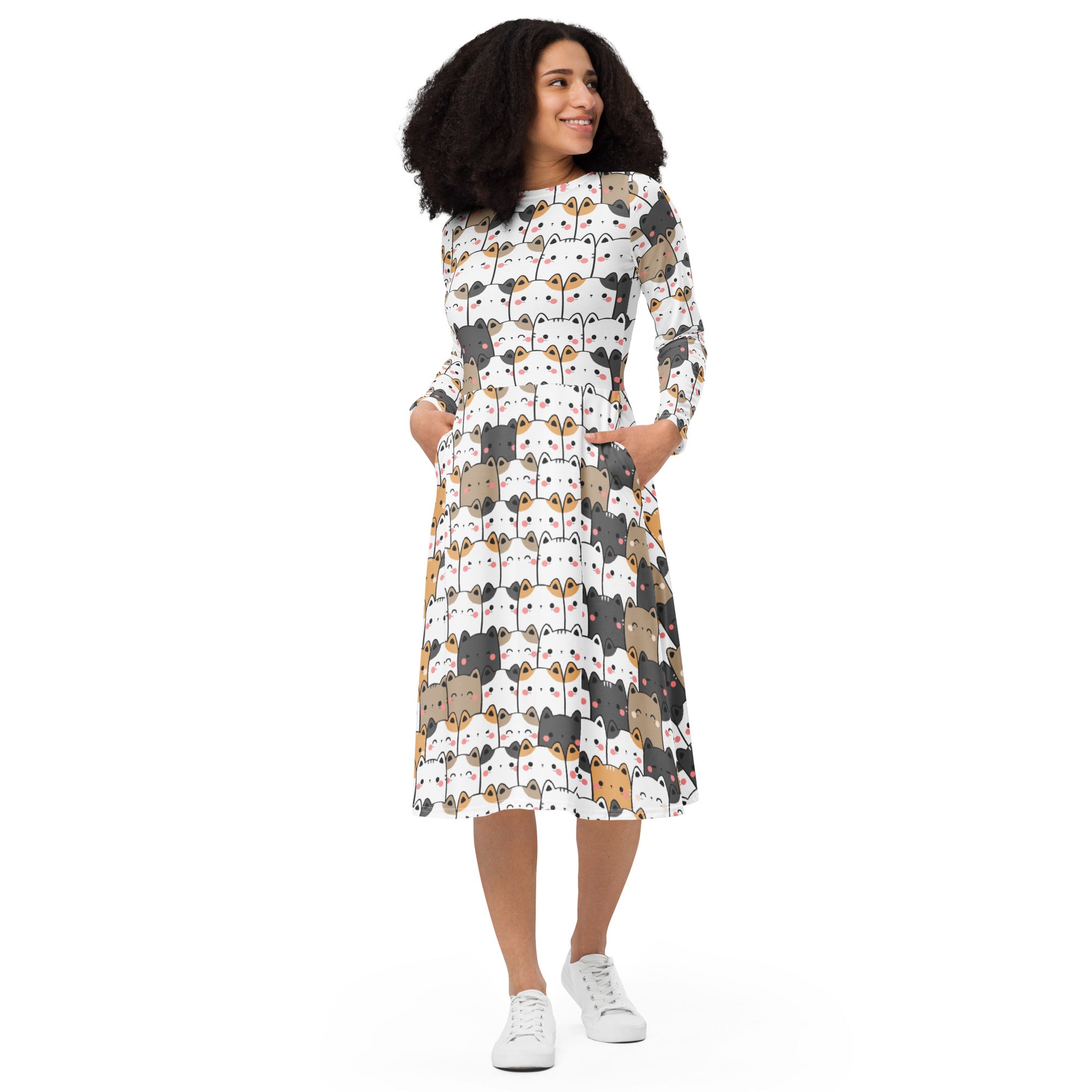 Women's Kawaii Cat Long Sleeve Midi Dress With Pockets