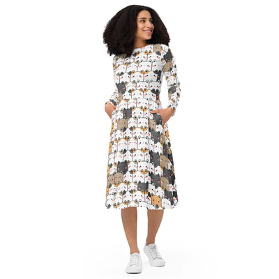 Women's Kawaii Cat Long Sleeve Midi Dress With Pockets