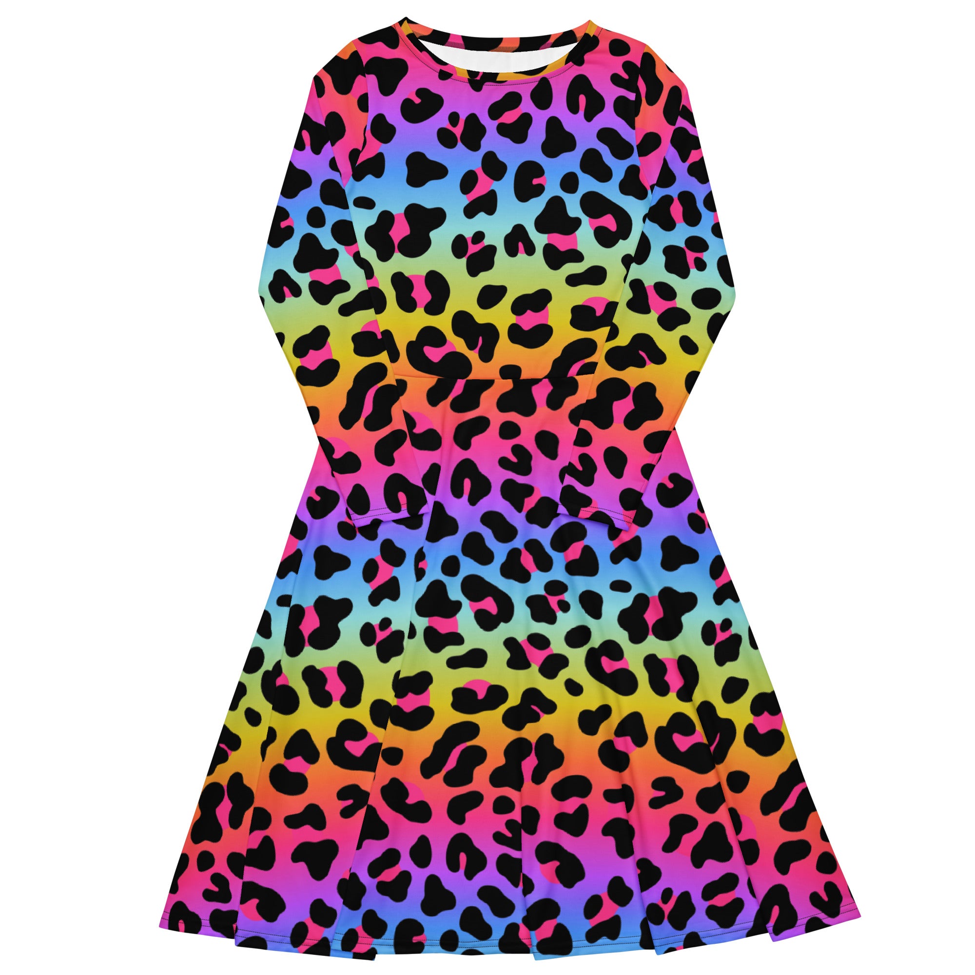 Women's Rainbow Leopard Long Sleeve Midi Dress With Pockets
