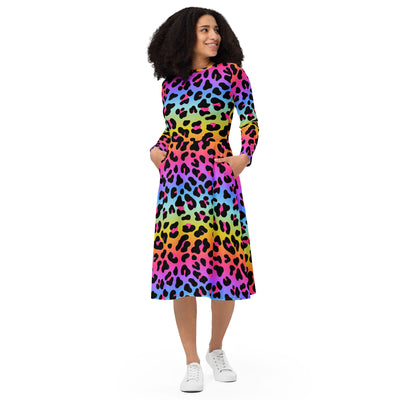 Women's Rainbow Leopard Long Sleeve Midi Dress With Pockets