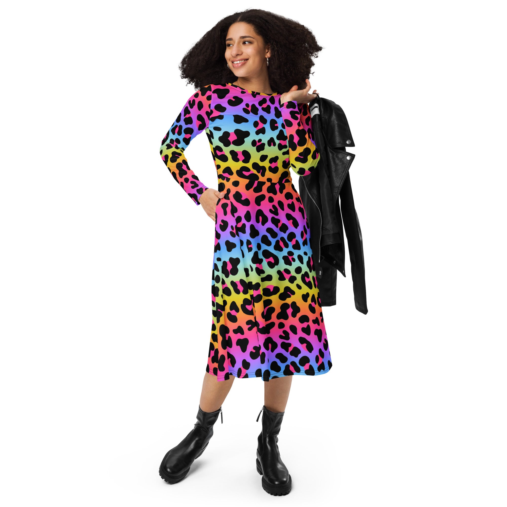 Women's Rainbow Leopard Long Sleeve Midi Dress With Pockets