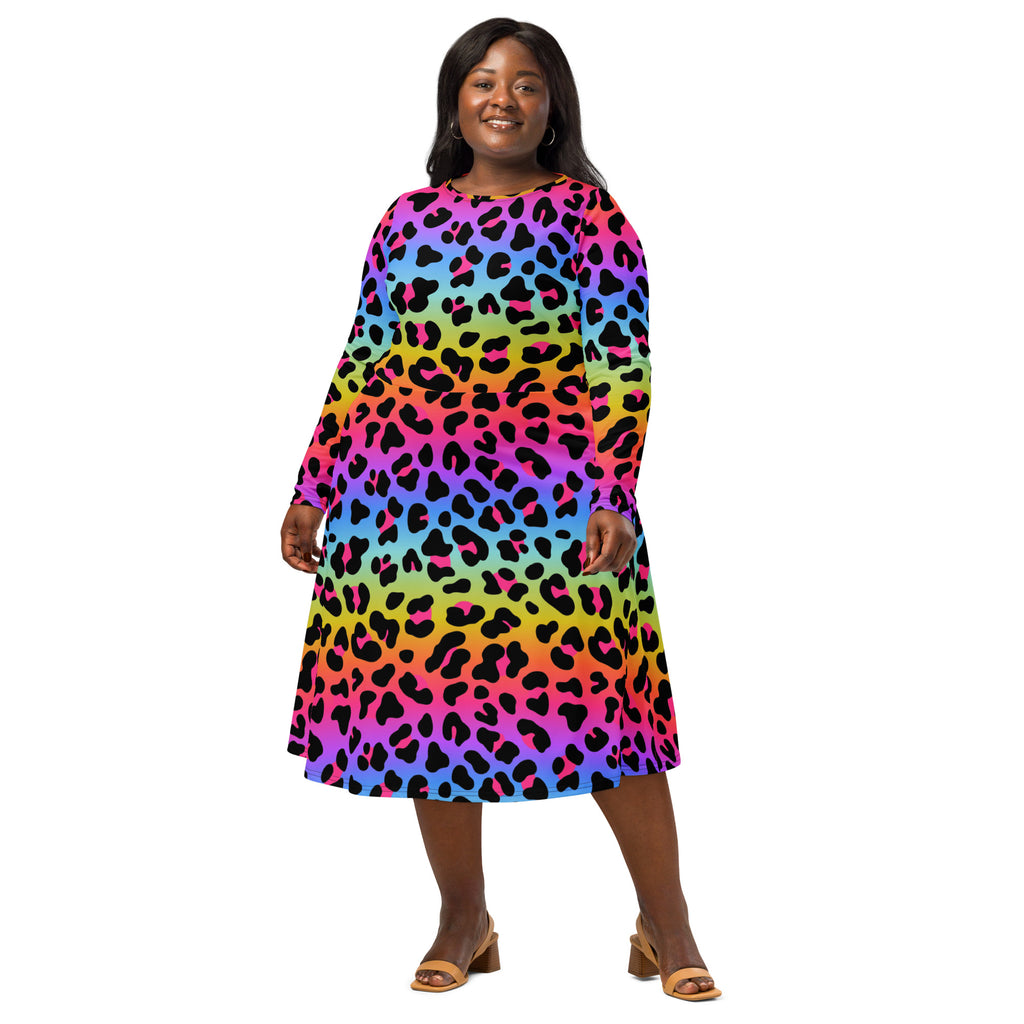Women's Rainbow Leopard Long Sleeve Midi Dress With Pockets