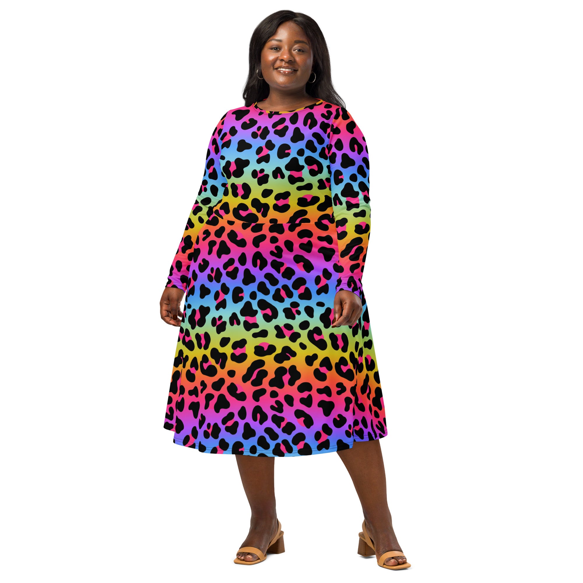 Women's Rainbow Leopard Long Sleeve Midi Dress With Pockets