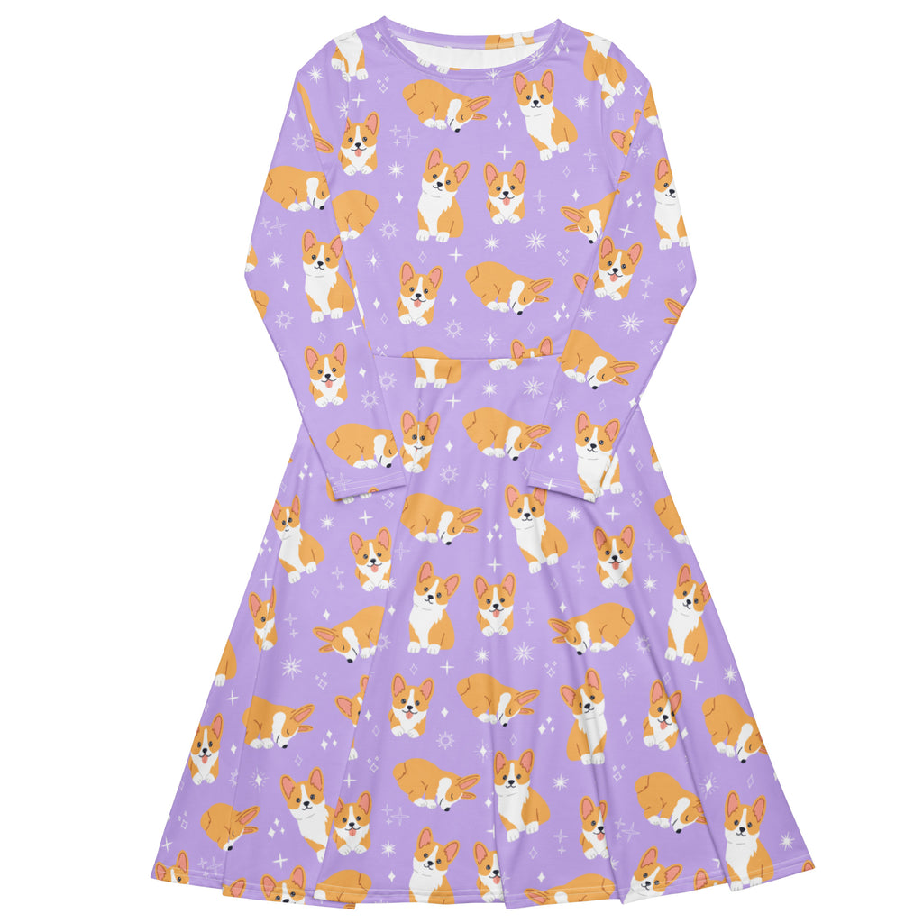 Women's Purple Corgi Dog Long Sleeve Midi Dress With Pockets