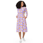 Women's Purple Corgi Dog Long Sleeve Midi Dress With Pockets