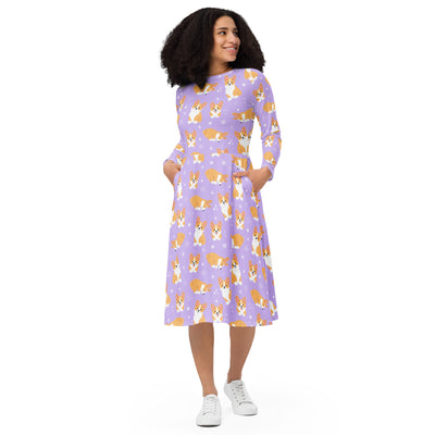Women's Purple Corgi Dog Long Sleeve Midi Dress With Pockets