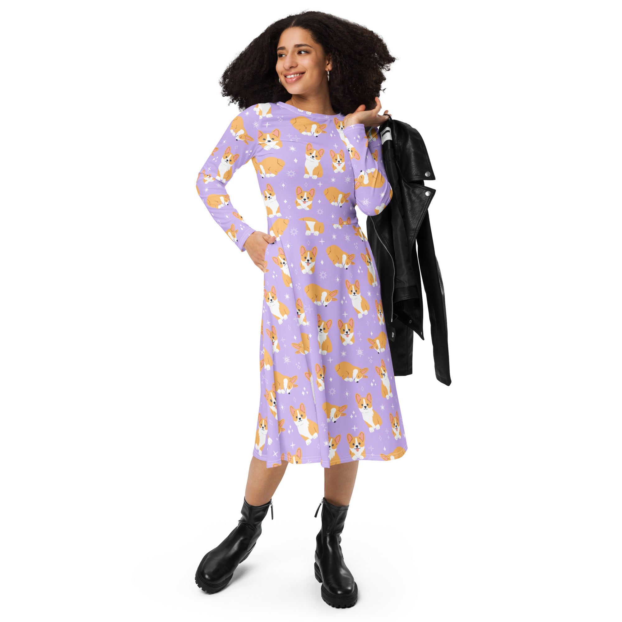 Women's Purple Corgi Dog Long Sleeve Midi Dress With Pockets