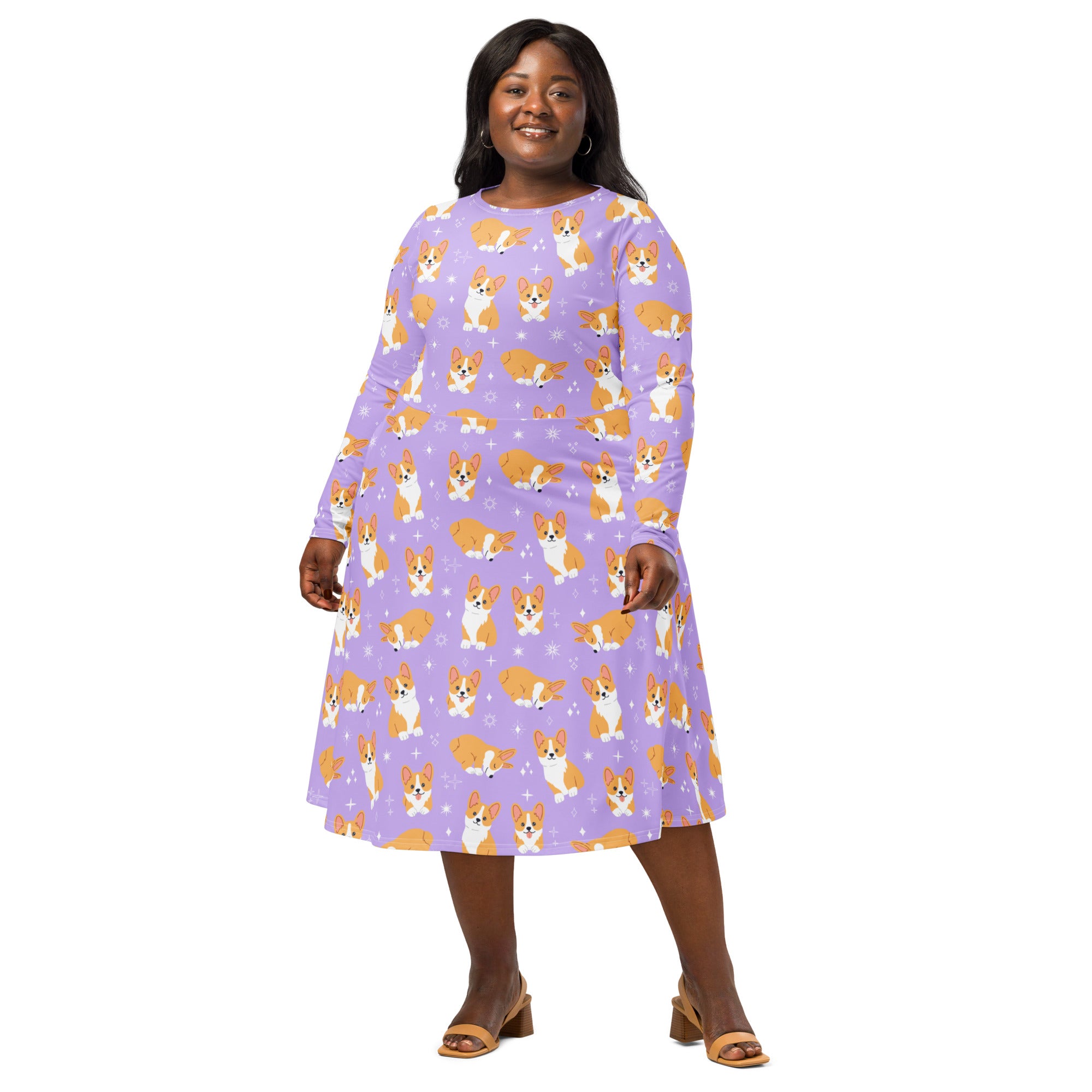 Women's Purple Corgi Dog Long Sleeve Midi Dress With Pockets
