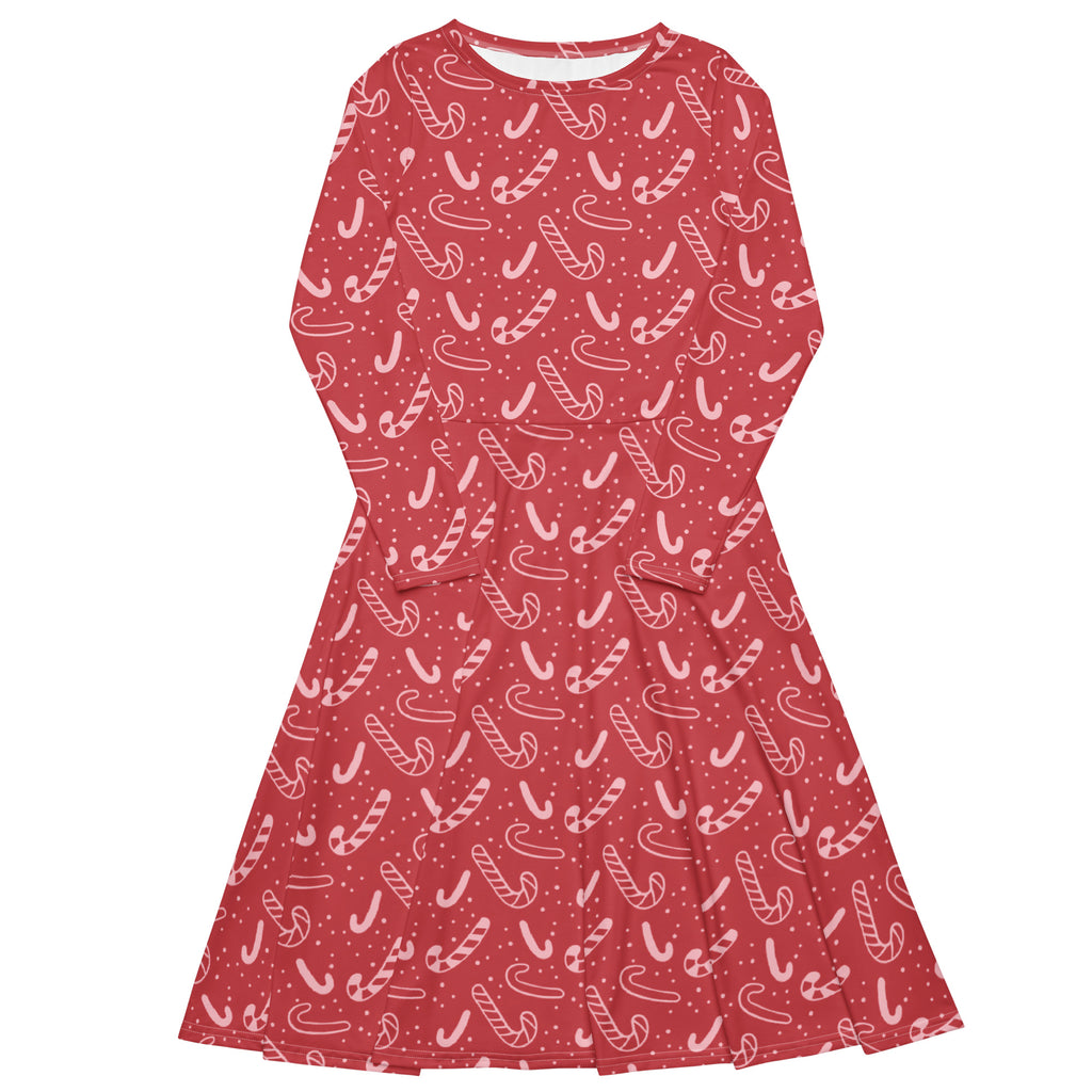 Women’s red candy cane Christmas long sleeve midi dress with pockets featuring a playful candy cane pattern