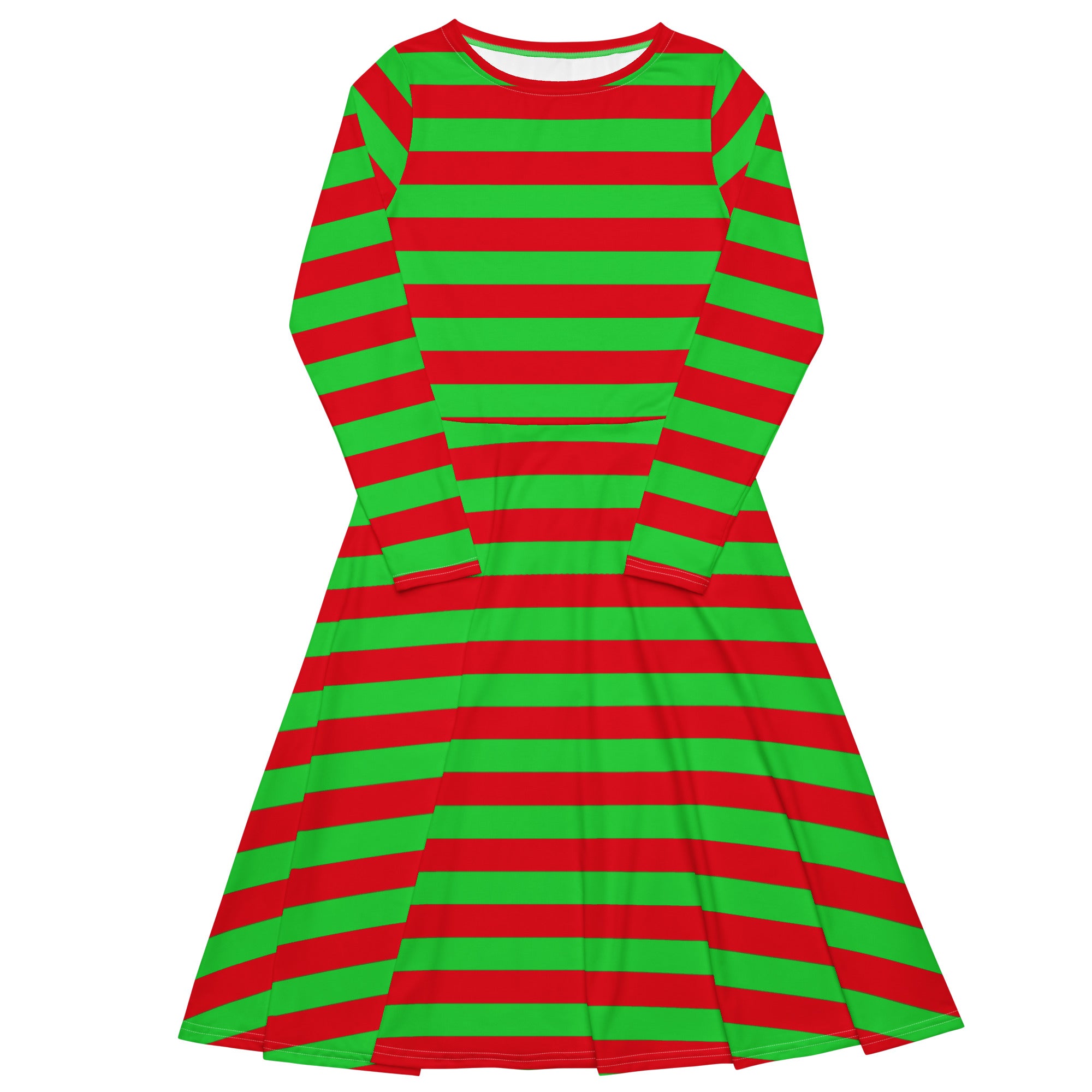Women’s festive long sleeve a-line midi dress with bold red and green horizontal stripes and pockets