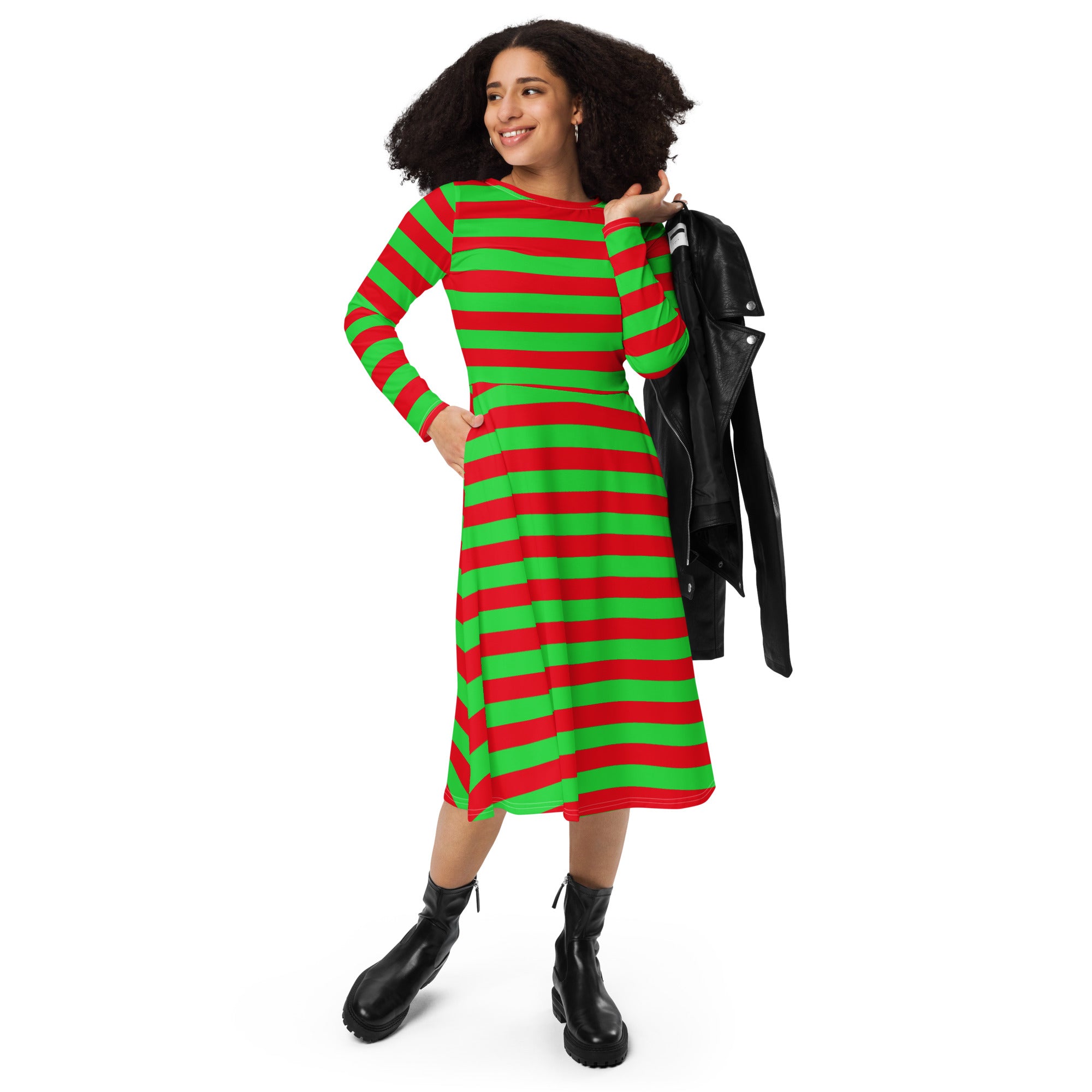 Women’s red and green long sleeve midi dress with pockets featuring bold stripes in soft flowing fabric