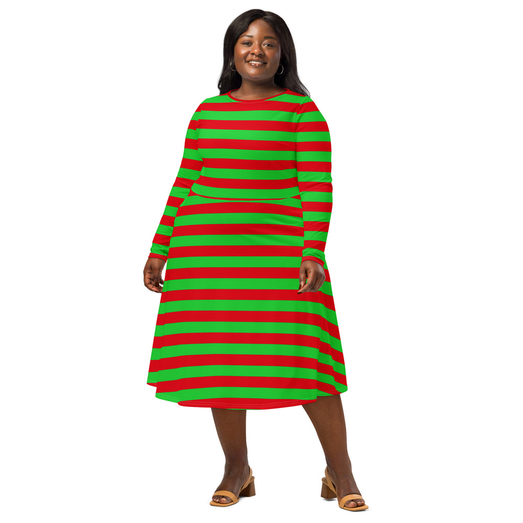 A plus-size woman wears a women’s red and green long sleeve midi dress with bold horizontal stripes and pockets