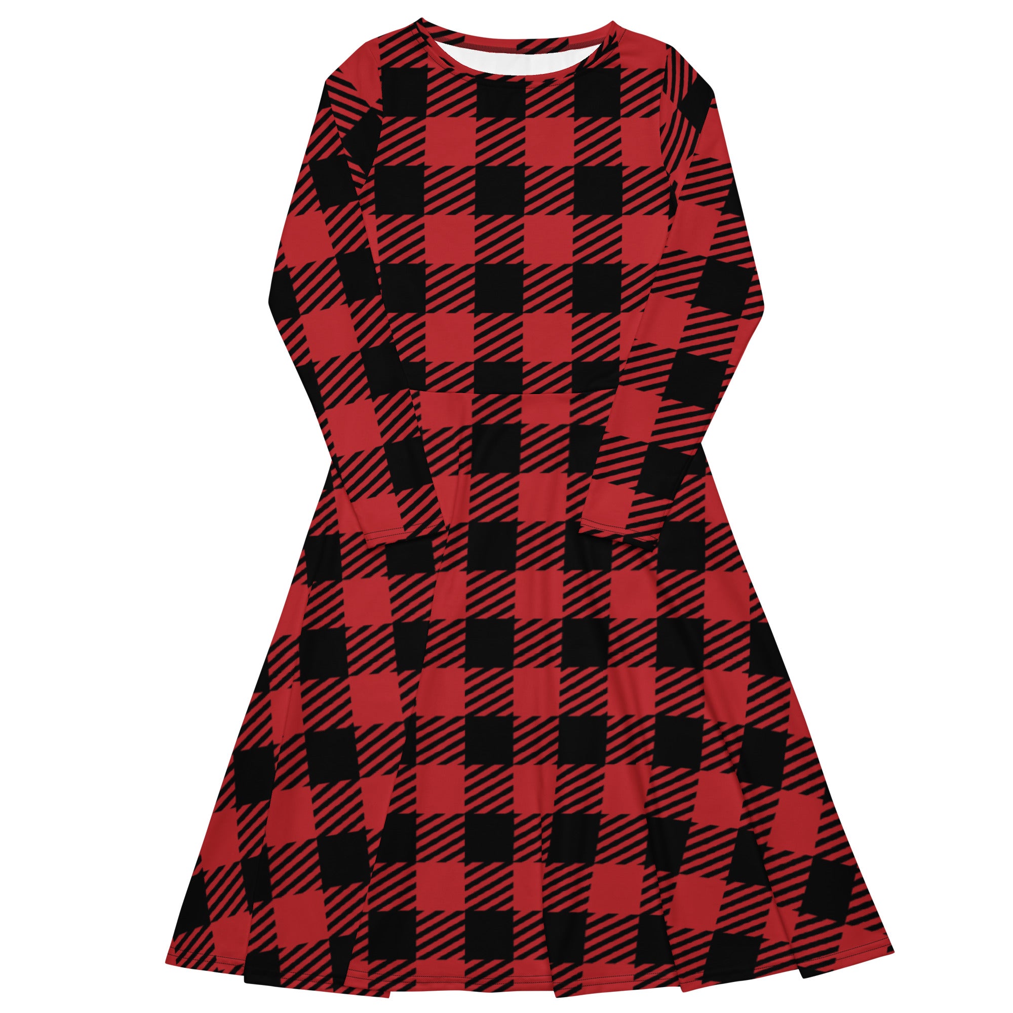 Women’s red buffalo plaid long sleeve midi dress with pockets featuring a flared skirt and cozy fabric
