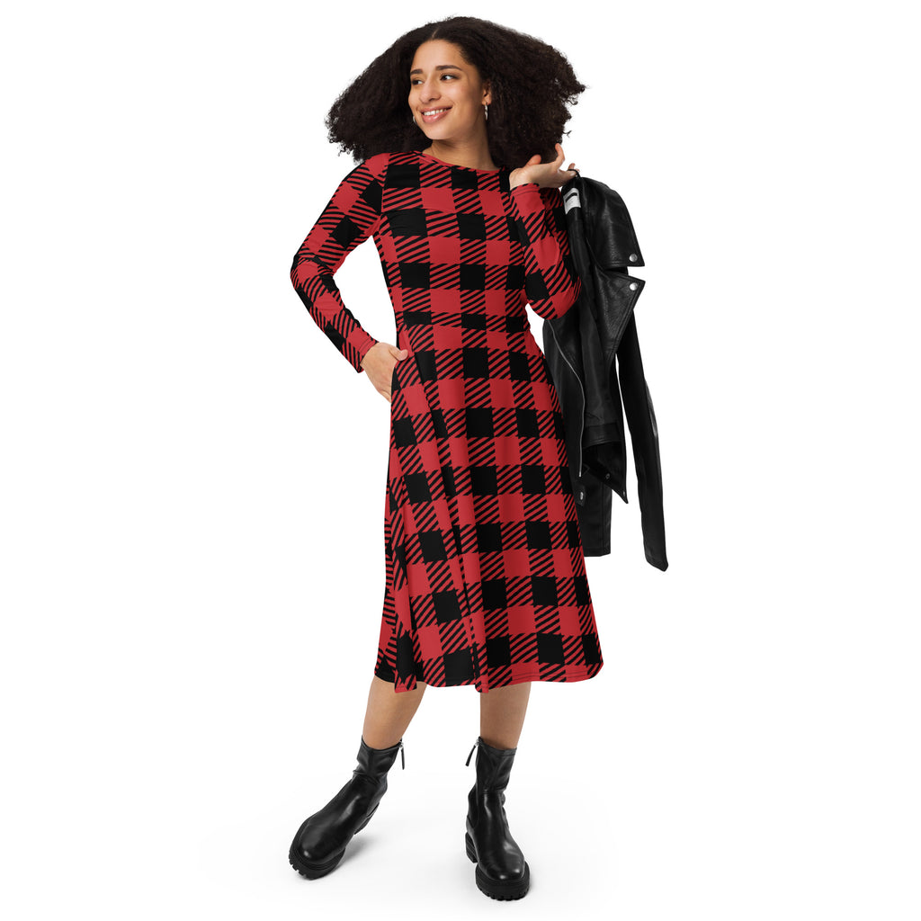 Women’s red buffalo plaid long sleeve midi dress with fitted waist and pockets perfect for casual wear