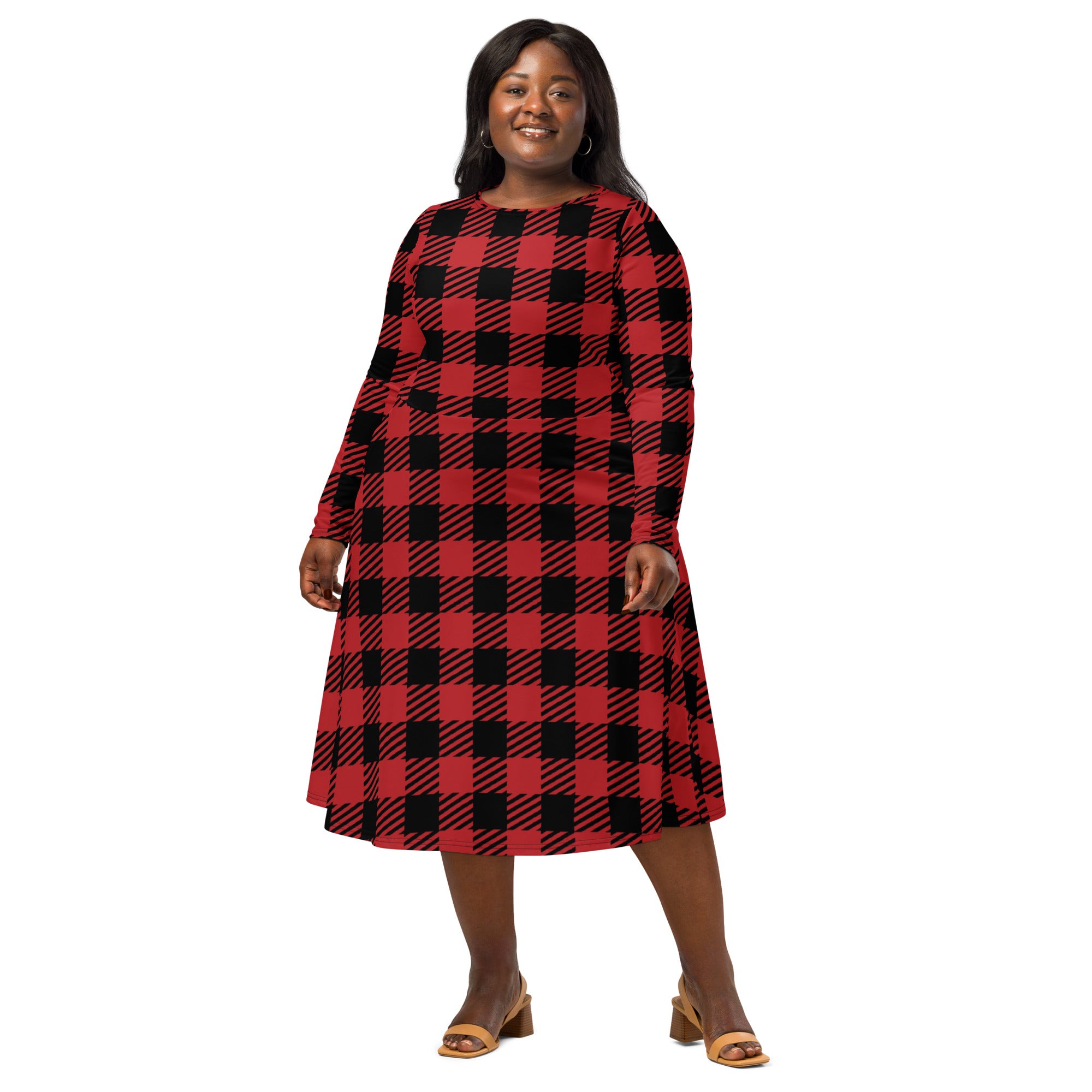 A plus-size woman wearing a women’s red buffalo plaid long sleeve midi dress with pockets in a soft fabric