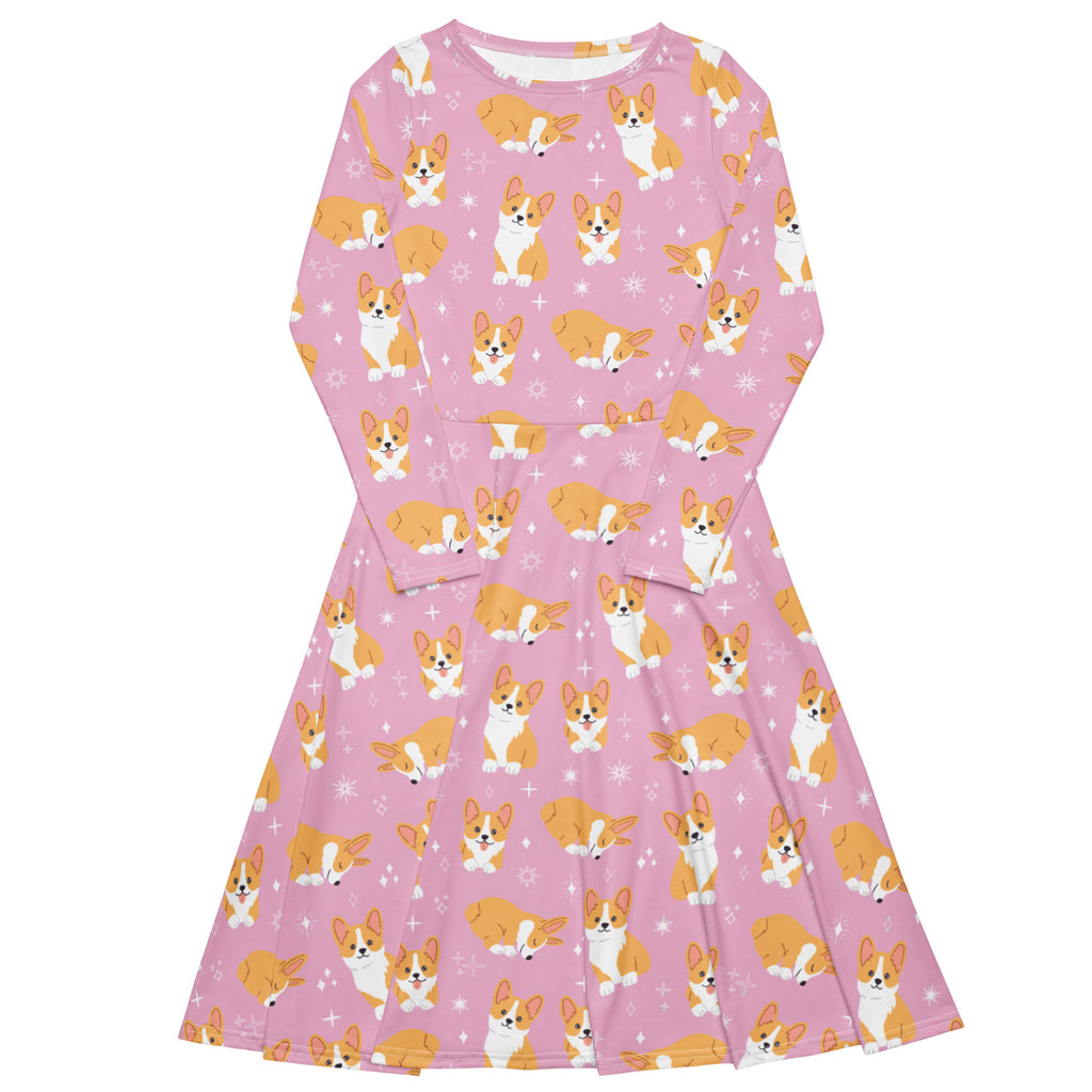 Women's Pink Corgi Dog Long Sleeve Midi Dress With Pockets