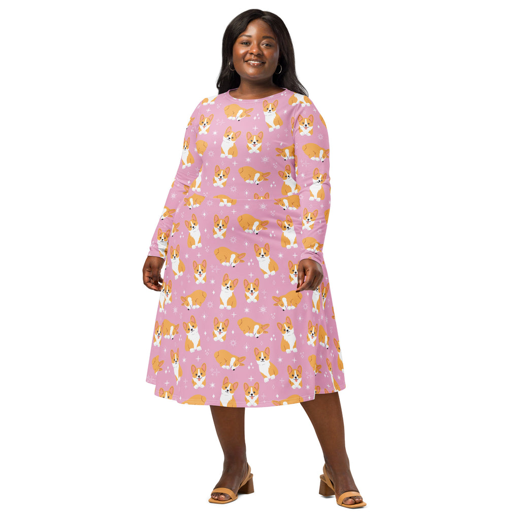 Women's Pink Corgi Dog Long Sleeve Midi Dress With Pockets