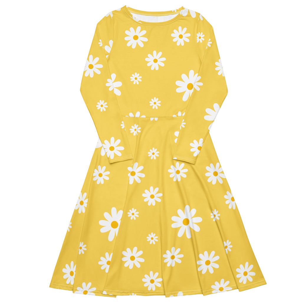 Women's Yellow Daisy Long Sleeve Midi Dress With Pockets