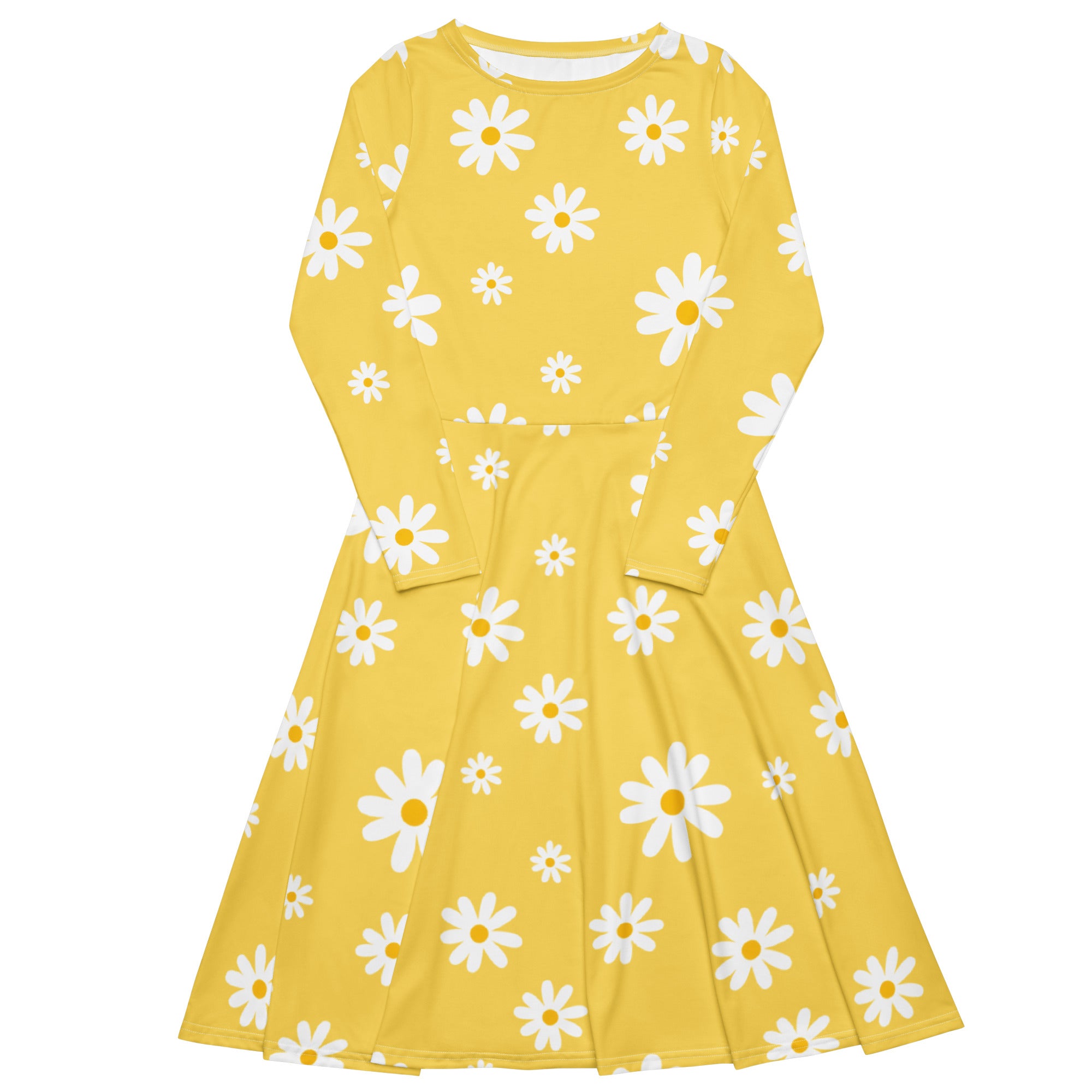 Women's Yellow Daisy Long Sleeve Midi Dress With Pockets