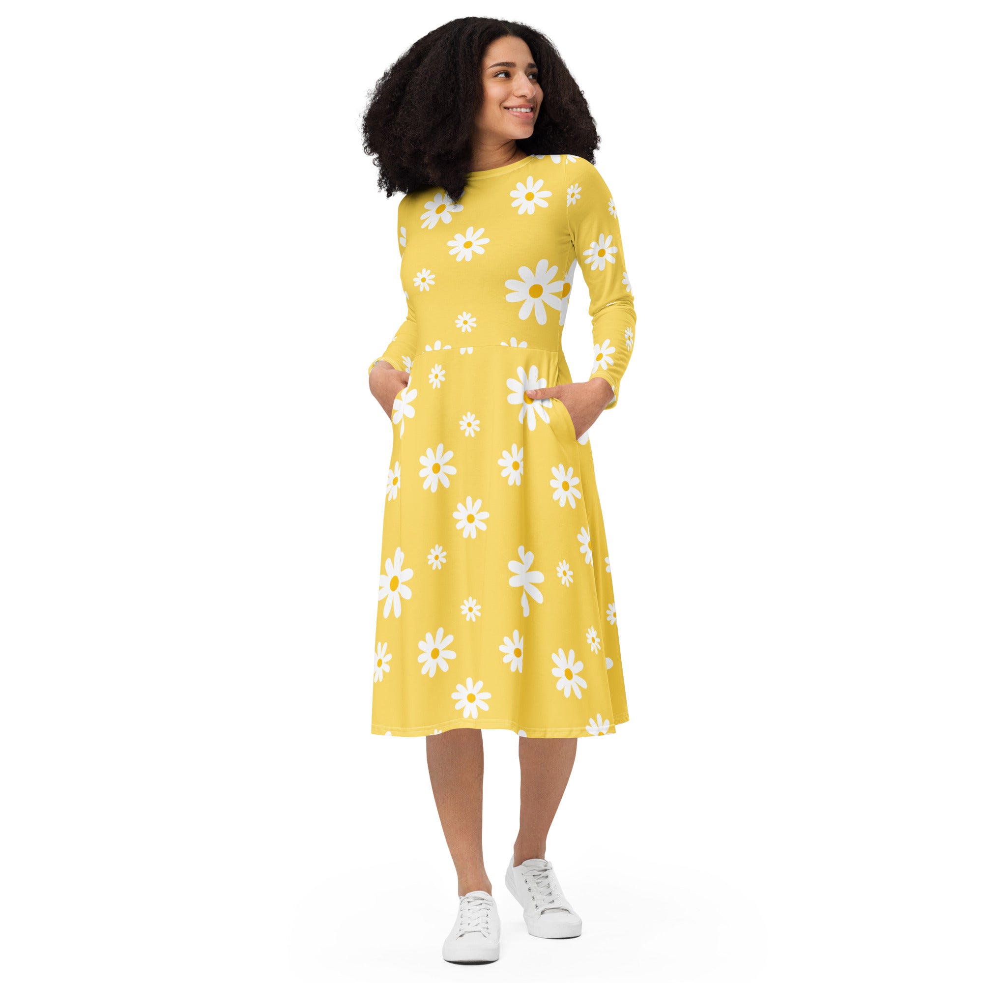Women's Yellow Daisy Long Sleeve Midi Dress With Pockets