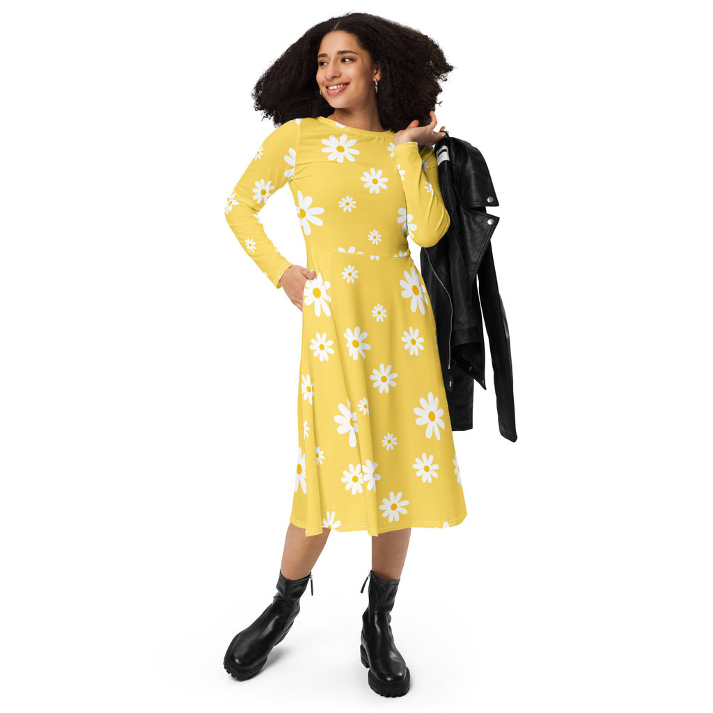 Women's Yellow Daisy Long Sleeve Midi Dress With Pockets
