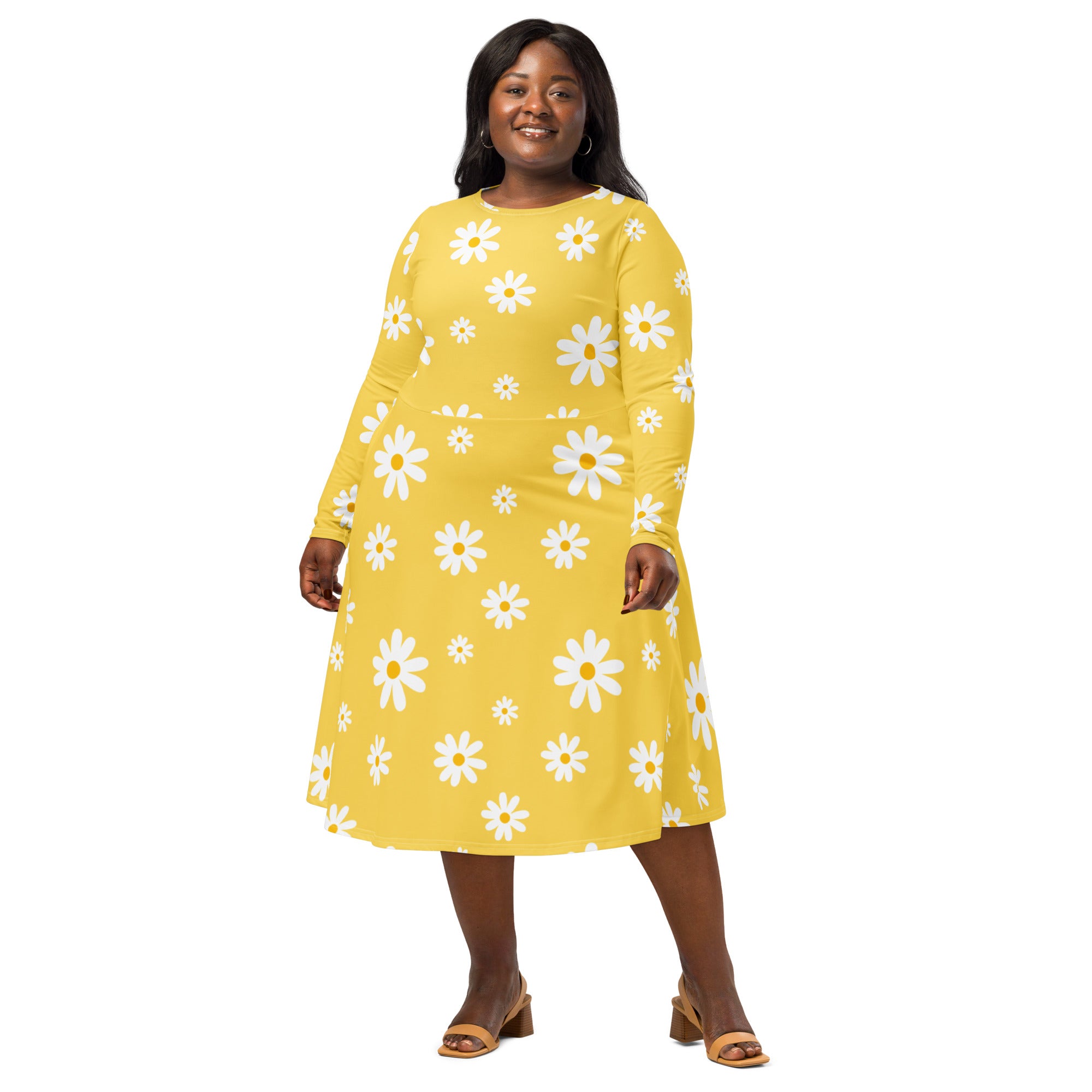 Women's Yellow Daisy Long Sleeve Midi Dress With Pockets