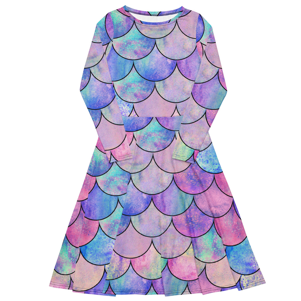 Women's Pastel Mermaid Long Sleeve Midi Dress With Pockets