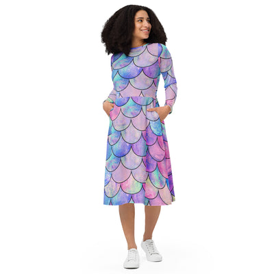 Women's Pastel Mermaid Long Sleeve Midi Dress With Pockets