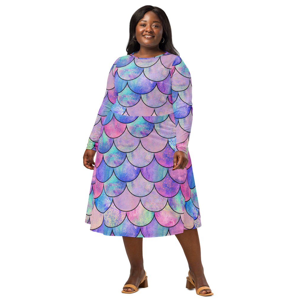 Women's Pastel Mermaid Long Sleeve Midi Dress With Pockets
