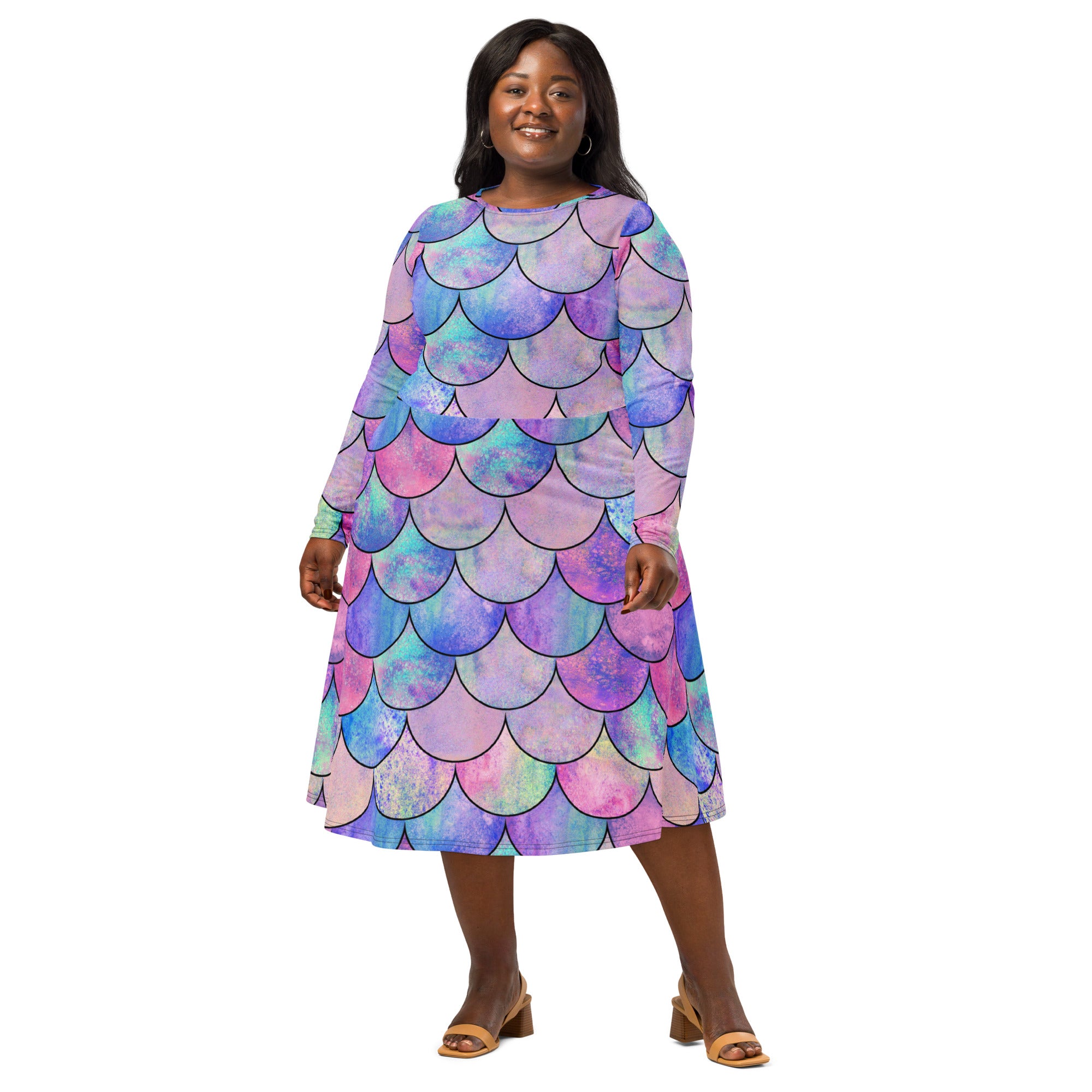 Women's Pastel Mermaid Long Sleeve Midi Dress With Pockets