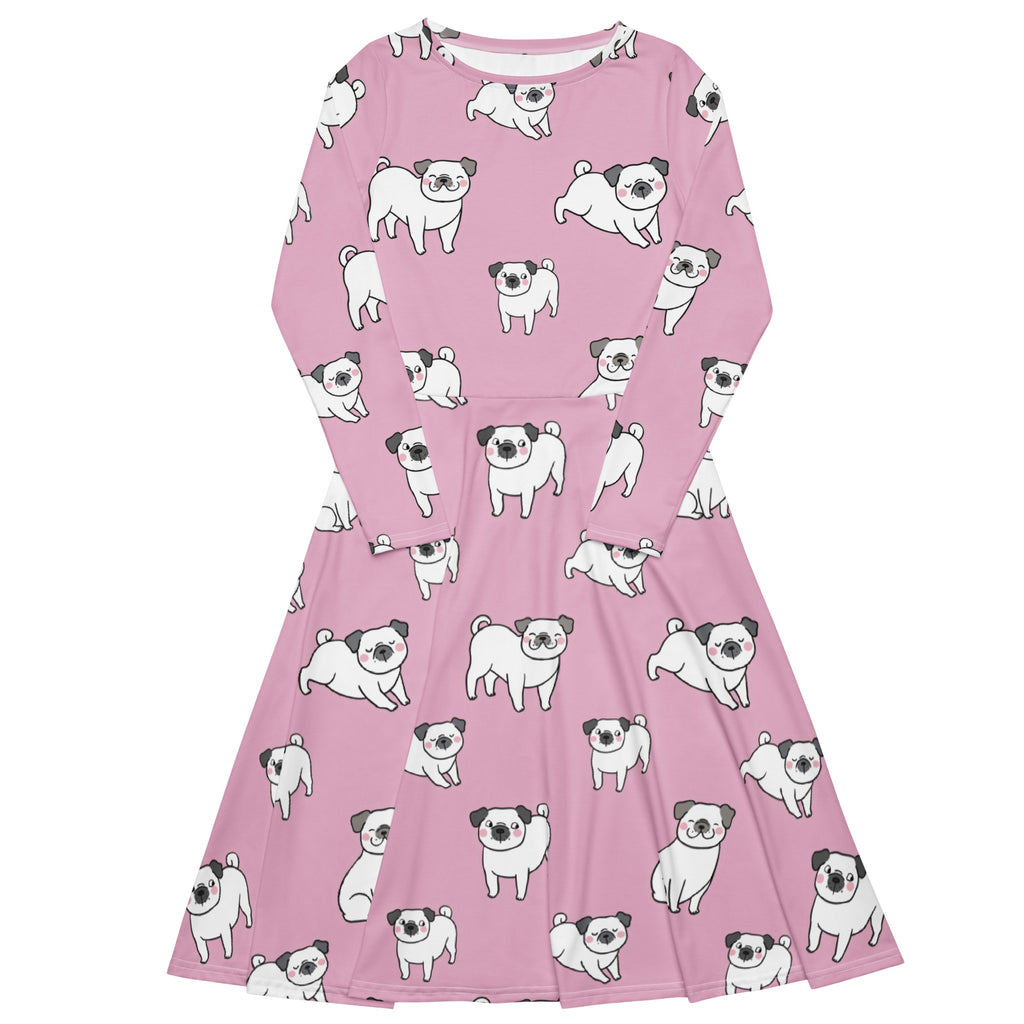 Women’s pink pug long sleeve midi dress with pockets featuring playful all-over cartoon pug print in white and black