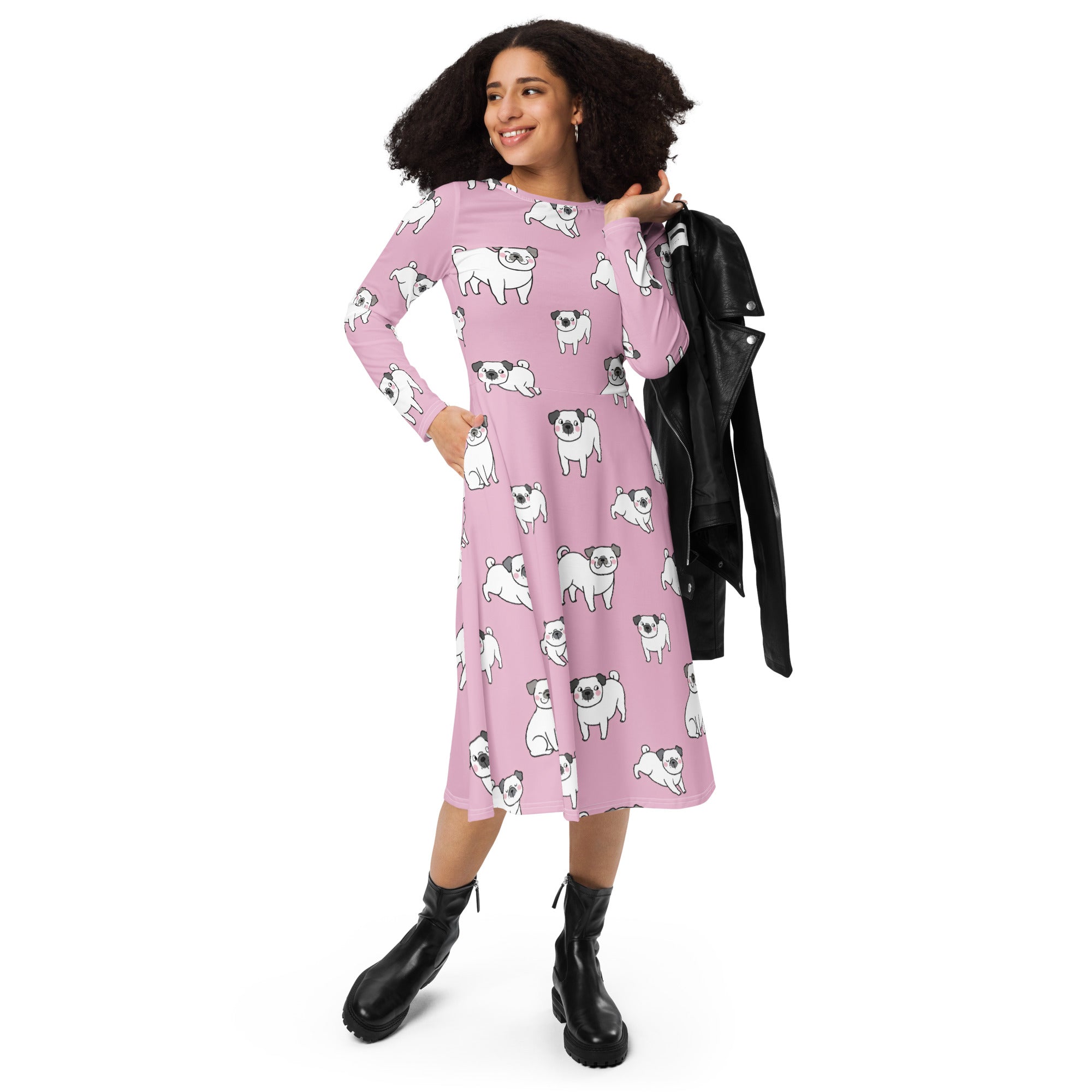 Women’s pink long sleeve midi dress with pockets featuring a playful all-over print of white cartoon pugs