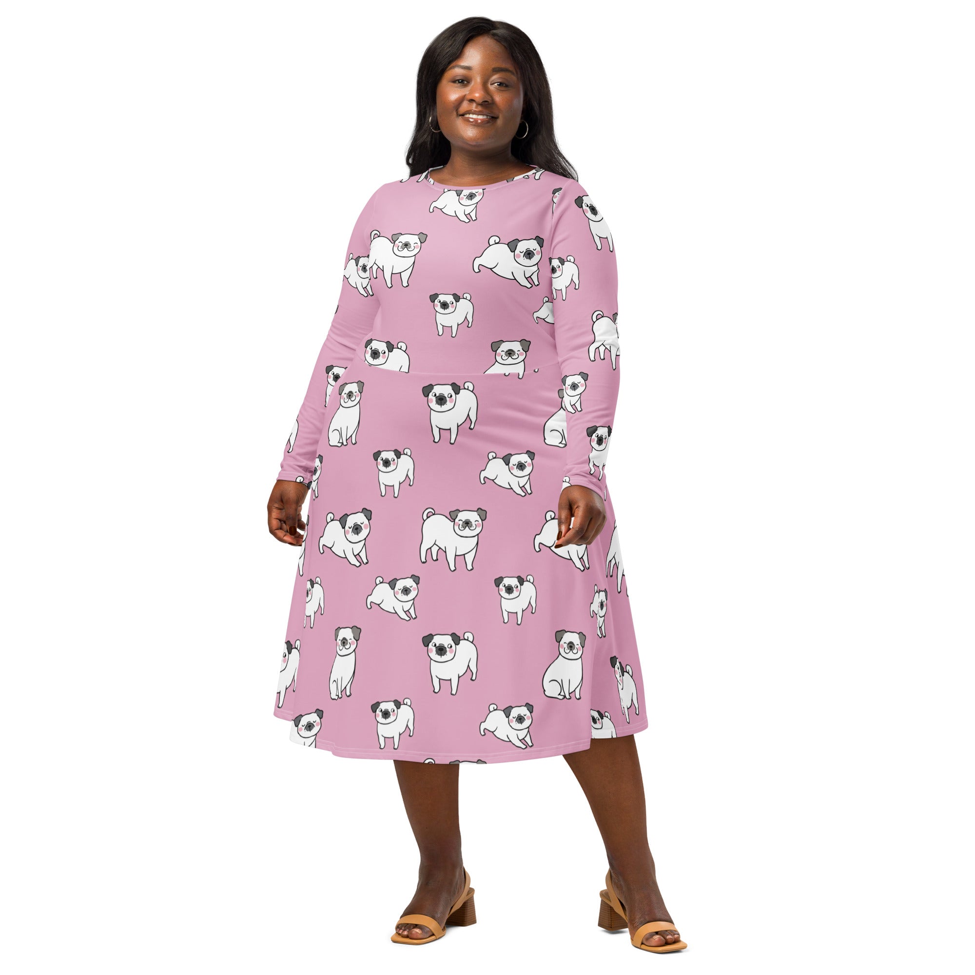 Women’s pink long sleeve midi dress with pockets featuring a playful white pug illustration pattern