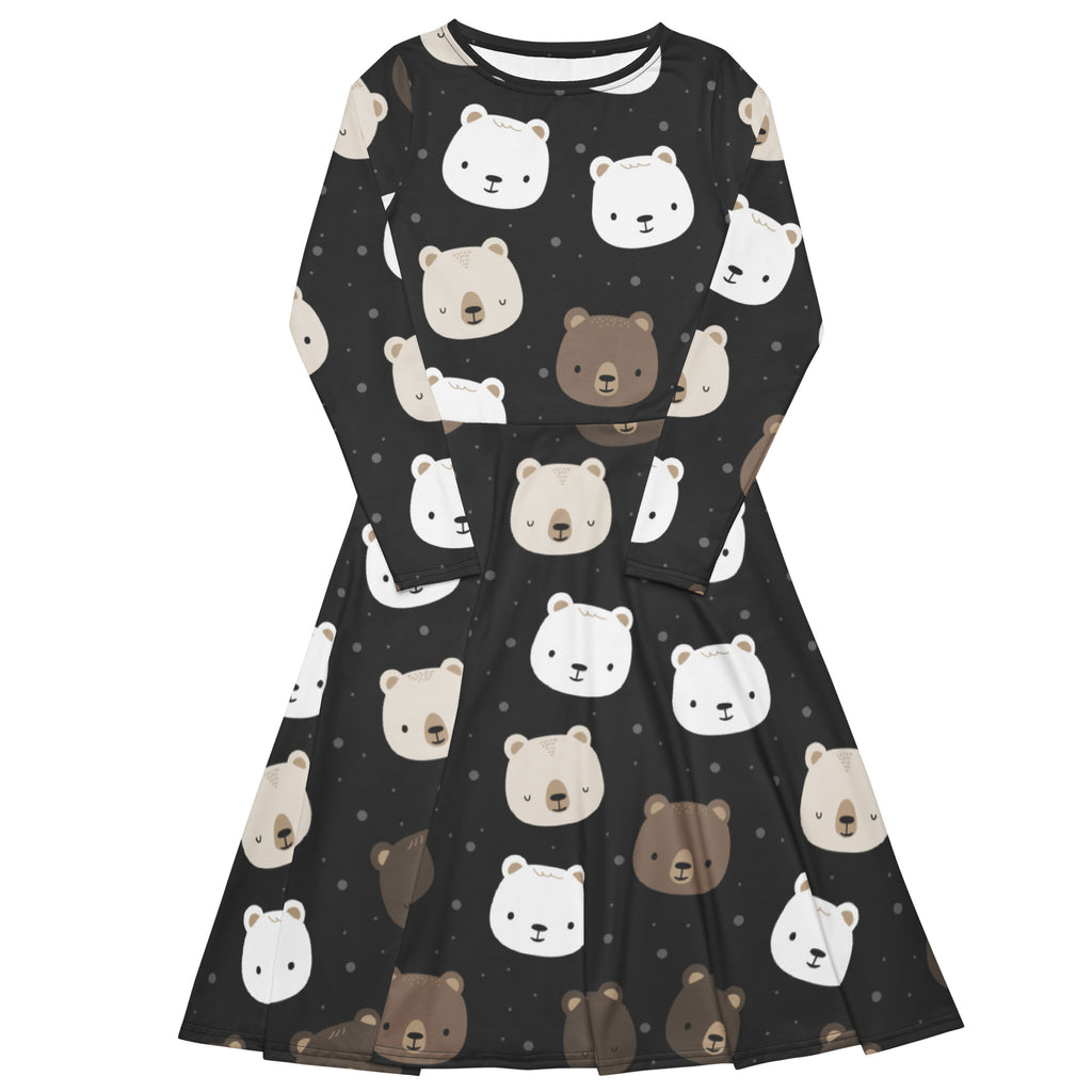 Black long-sleeved women’s midi dress with pockets featuring a playful white beige and brown bear face pattern
