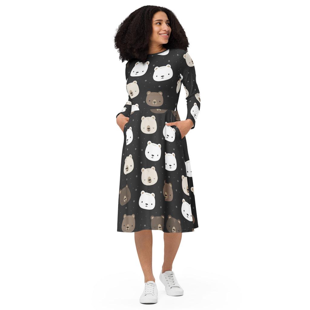 Women’s black midi dress with long sleeves pockets featuring playful white and brown bear faces and subtle star details