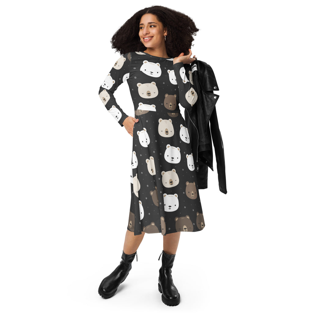 Women’s black midi dress with long sleeves and pockets featuring a playful white and brown bear face pattern