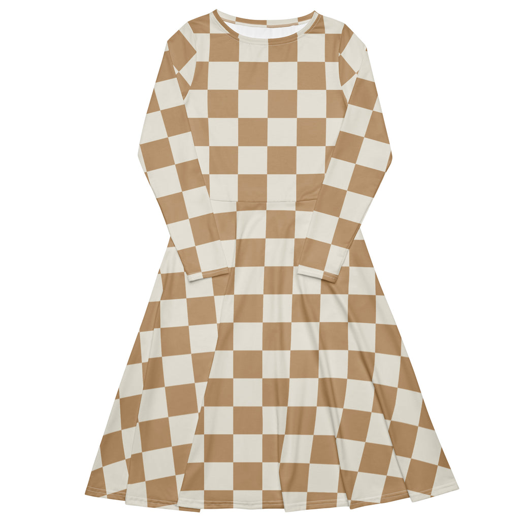 Women’s tan checkerboard long sleeve midi dress with pockets featuring a classic tan and off-white checkered pattern
