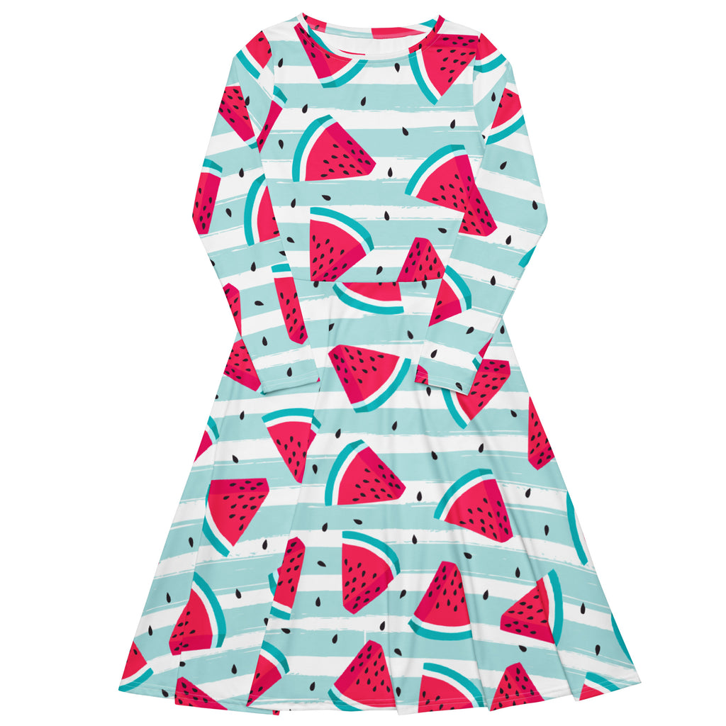 Women’s vibrant long sleeve midi dress with pockets featuring red watermelon pattern on light blue and white stripes