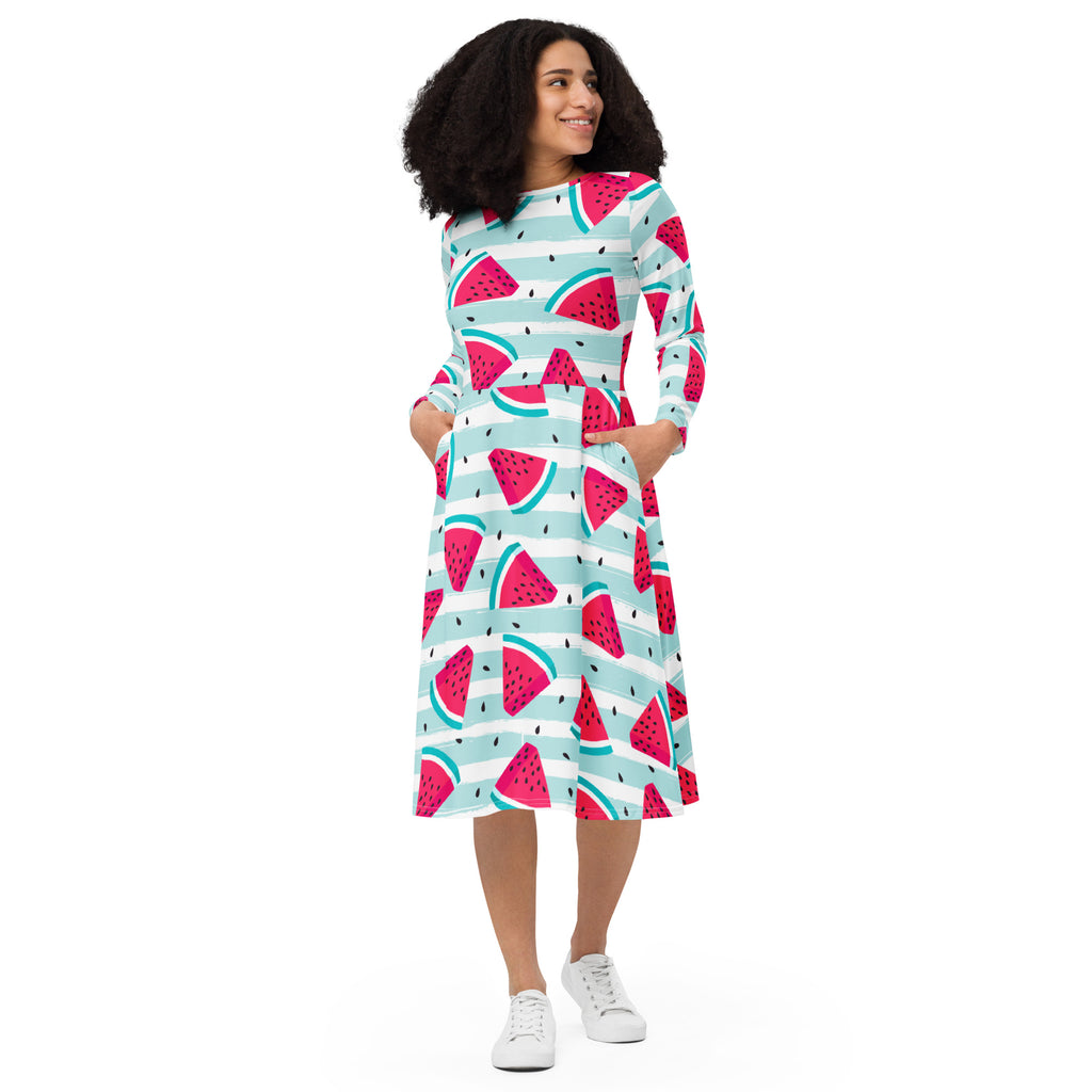 Women’s striped watermelon long sleeve midi dress with pockets featuring a vibrant pink and green slice pattern on blue