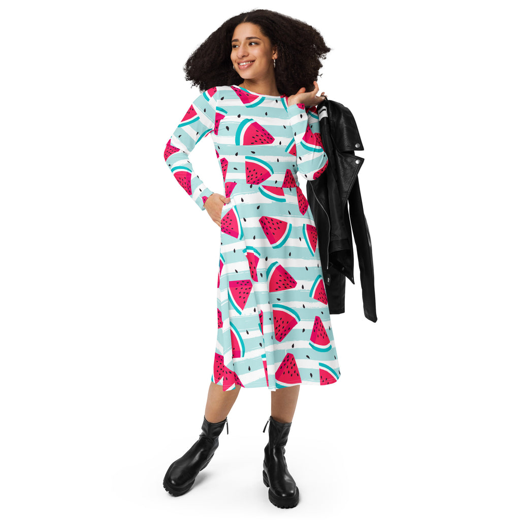 Women’s long sleeve midi dress with pockets featuring pink watermelon slices on a light teal and white striped background