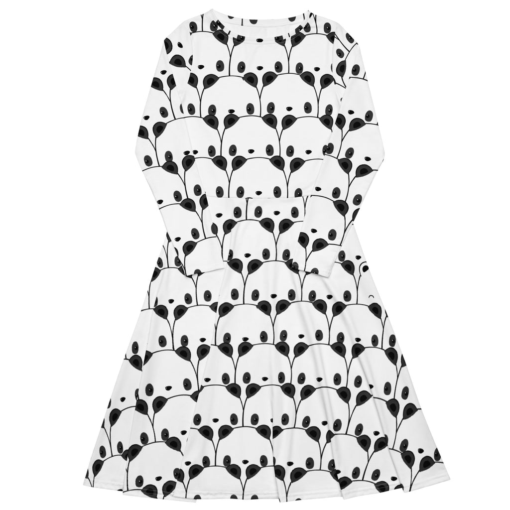 Women’s white long sleeve midi dress with pockets featuring a repeating black panda face pattern in vertical rows