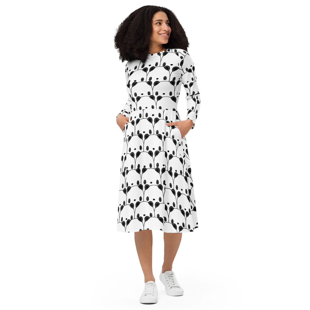 White midi dress with black panda face pattern long sleeves and side pockets for women
