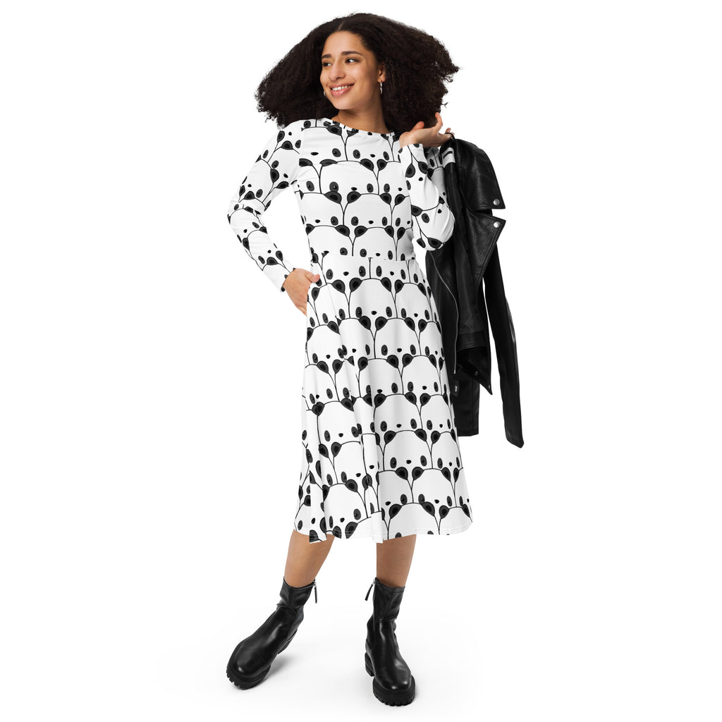 White midi dress with black panda face pattern long sleeves round neckline and pockets for women