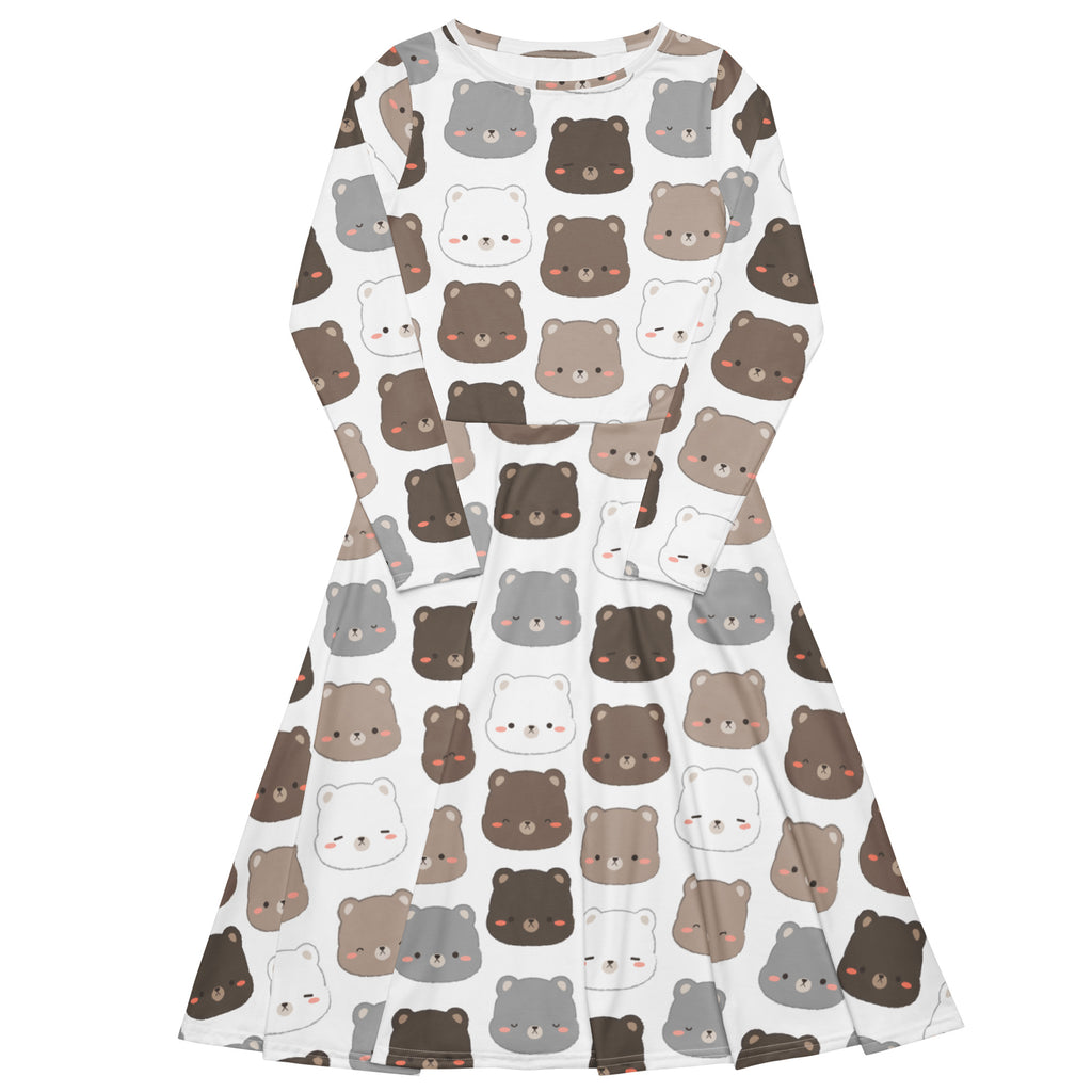 White long-sleeved midi dress with cute bear print in brown gray and white featuring pockets for women
