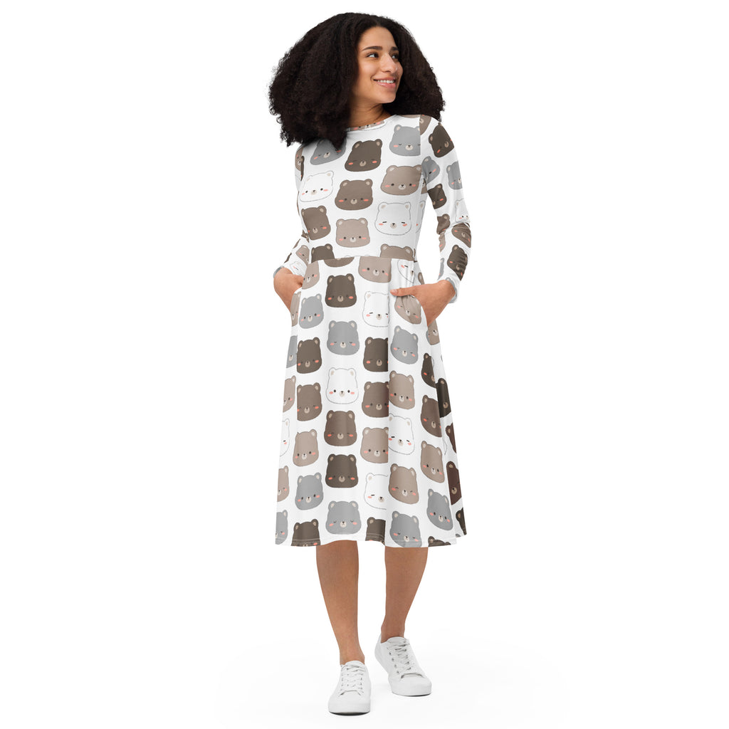 White long-sleeved midi dress with cute brown gray beige bear print and pockets for women